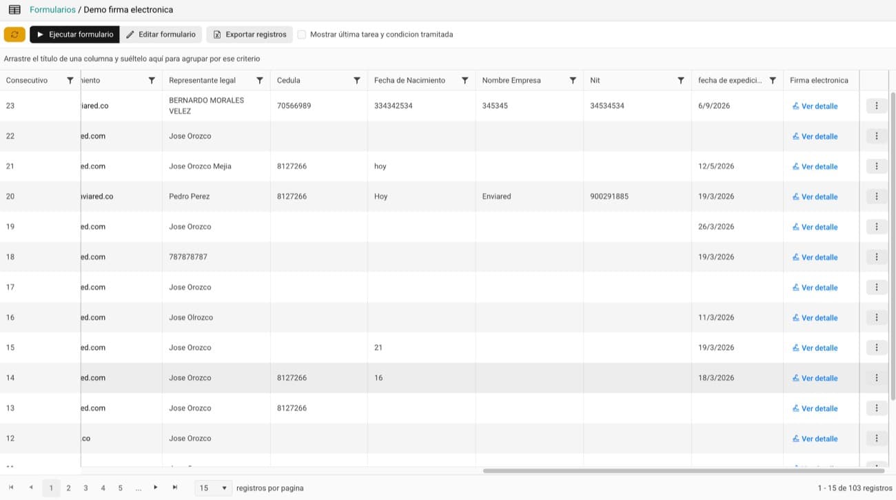 Visor de registros de un formulario, agrupable y exportable