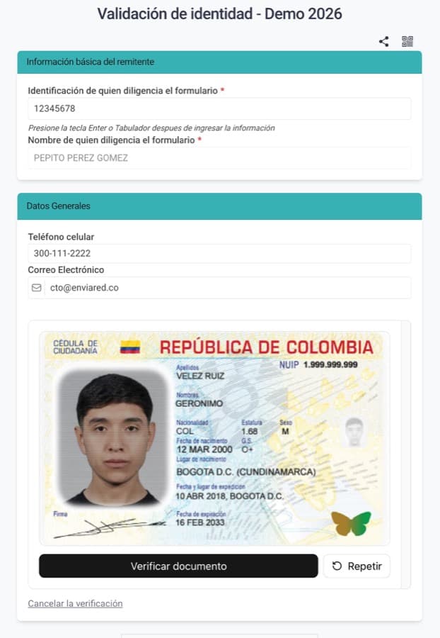 Documento de identidad fotografiado y leído en el formulario