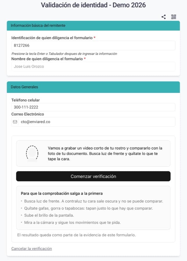 Verificación del rostro con video corto y prueba de vida