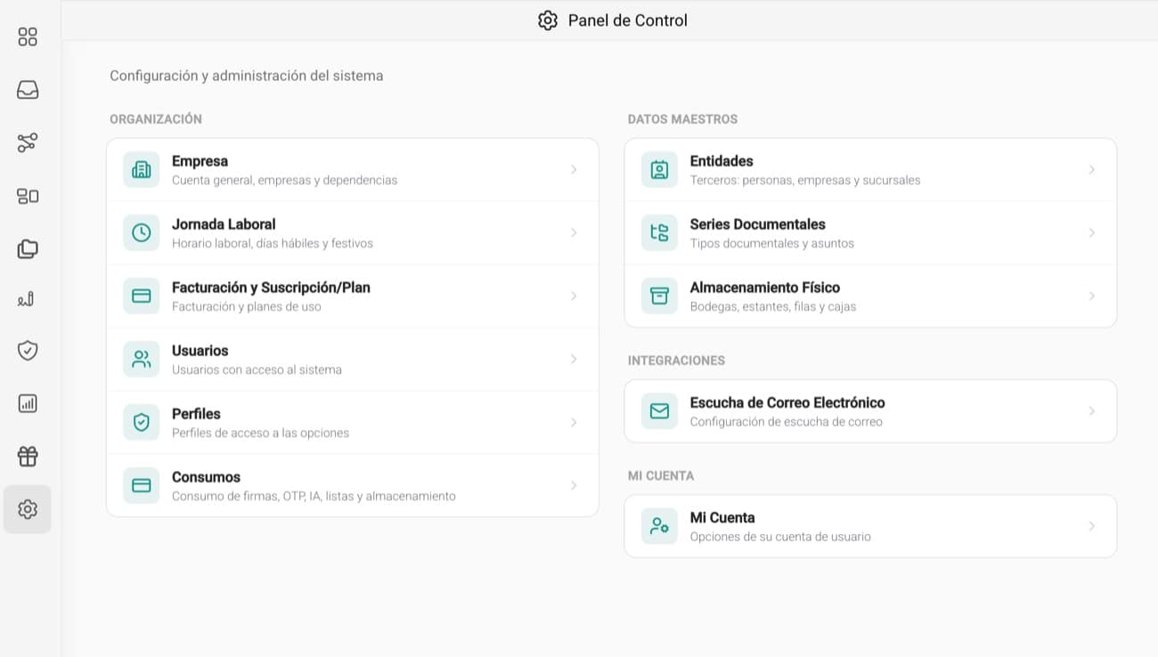 Panel de control: organización, datos maestros e integraciones